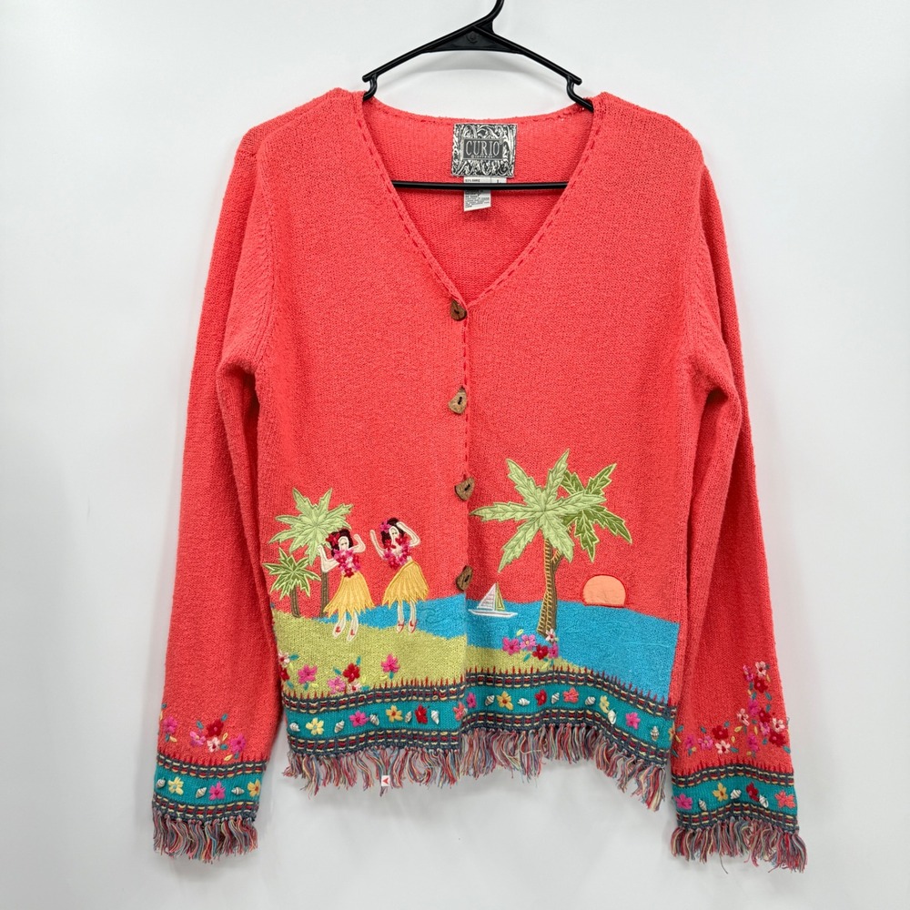 Curio Coral Embroidered‎ Hula Palm Tree Fringe Knit Cardigan Sweater - L